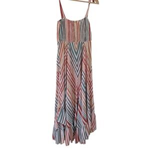 EN CREME Striped Smocked Maxi Dress‎ Tie Straps Ruffle Hem M